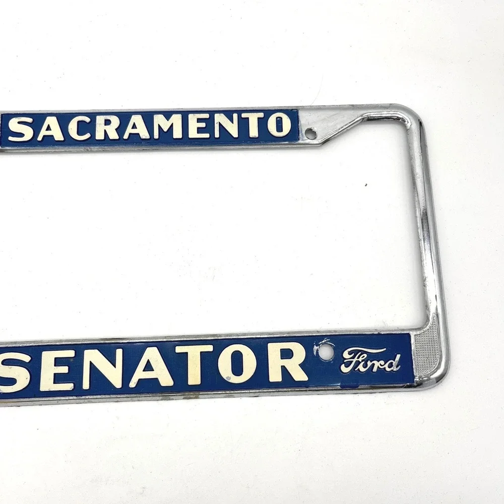 Vintage Sacramento Senator Ford License Plate Frame Chrome Blue White Metal